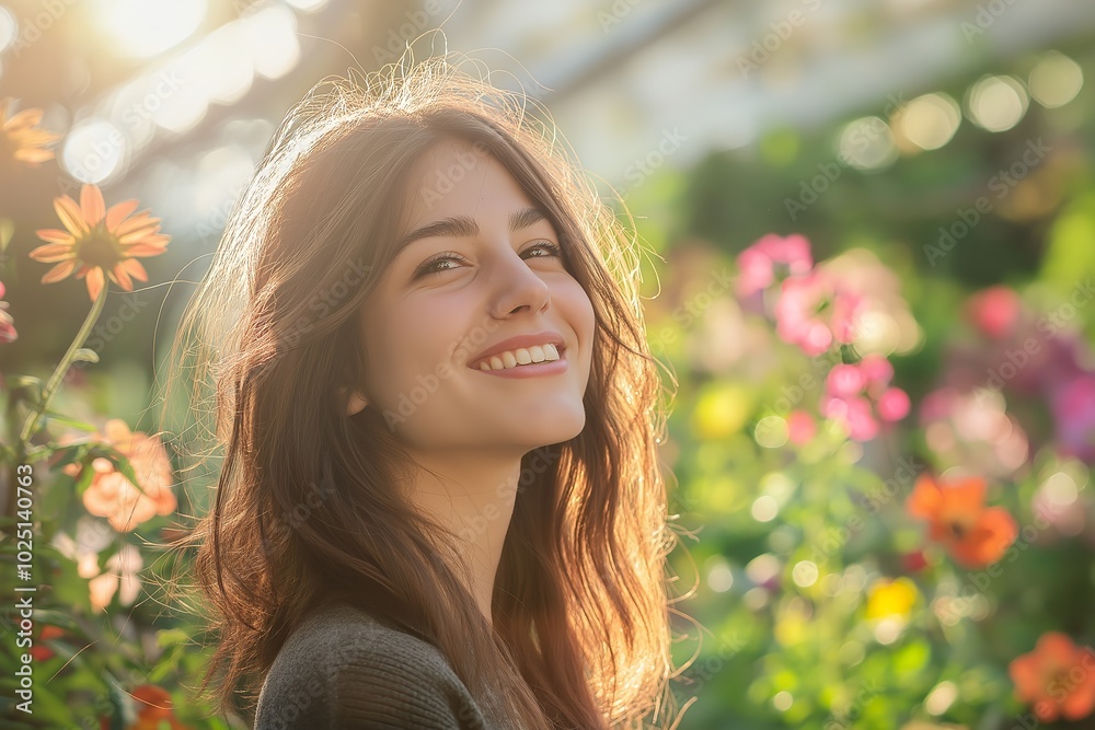 A Close-up Portrait of a Woman Smiling Warmly, With Sunlight Gently Highlighting Her Face, and a Blurred Background of Blooming Flowers in a Garden A Close-up Portrait of a Woman Smiling Warmly, With Sunlight Gently Highlighting Her Face, and a Blurred Background of Blooming Flowers in a Garden