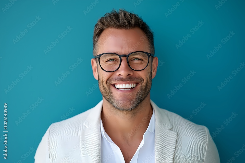 A Happy Man Smiling Against a Blue Background, Wearing Glasses and a Light Blazer His Joyful Expression Conveys Positivity and Confidence, Ideal for Lifestyle and Fashion Themes A Happy Man Smiling Against a Blue Background, Wearing Glasses and a Light Blazer His Joyful Expression Conveys Positivity and Confidence, Ideal for Lifestyle and Fashion Themes