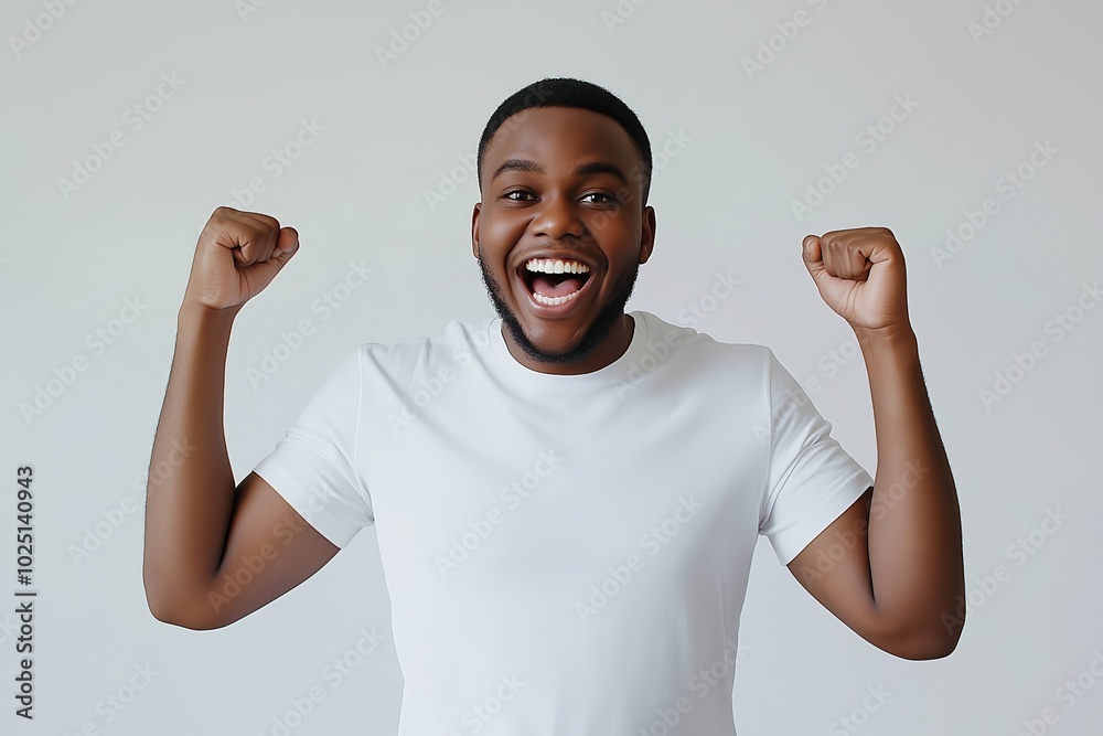 Fototapeta premium A Happy Young Man Celebrating Success in a Plain White T Shirt Against a Light Grey Background, Expressing Joy and Excitement With a Broad Smile and Raised Fists