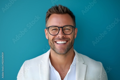 A Happy Man Smiling Against a Blue Background, Wearing Glasses and a Light Blazer His Joyful Expression Conveys Positivity and Confidence, Ideal for Lifestyle and Fashion Themes