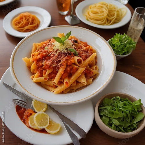 Delicious juicy pasta with Tomato Sauce with some salad served and plate pasta dish