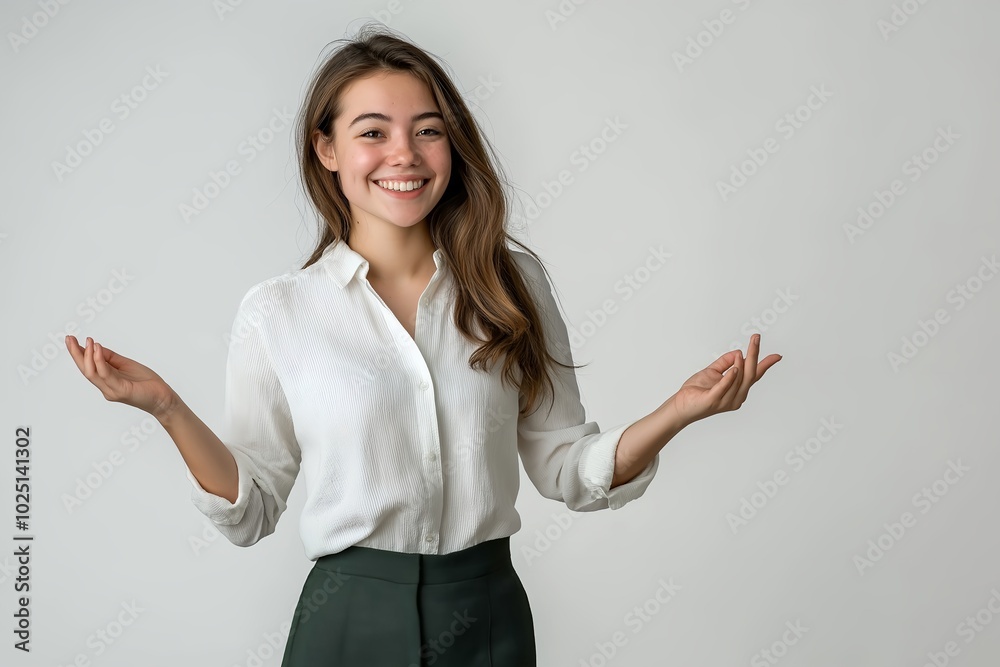 A Young Woman Smiling and Gesturing Happily With an Open Palm Against a Plain White Background, Dressed in a Formal White Shirt and Green Trousers, Showcasing a Joyful Expression A Young Woman Smiling and Gesturing Happily With an Open Palm Against a Plain White Background, Dressed in a Formal White Shirt and Green Trousers, Showcasing a Joyful Expression