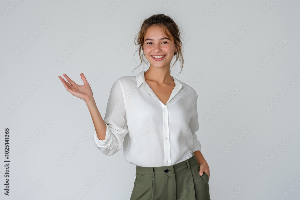 A Young Woman Smiling and Gesturing Happily With an Open Palm Against a Plain White Background, Dressed in a Formal White Shirt and Green Trousers, Showcasing a Joyful Expression A Young Woman Smiling and Gesturing Happily With an Open Palm Against a Plain White Background, Dressed in a Formal White Shirt and Green Trousers, Showcasing a Joyful Expression