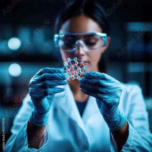 Scientist holding a 3D hologram of a newly discovered drug compound, Innovation, Holography in Research
