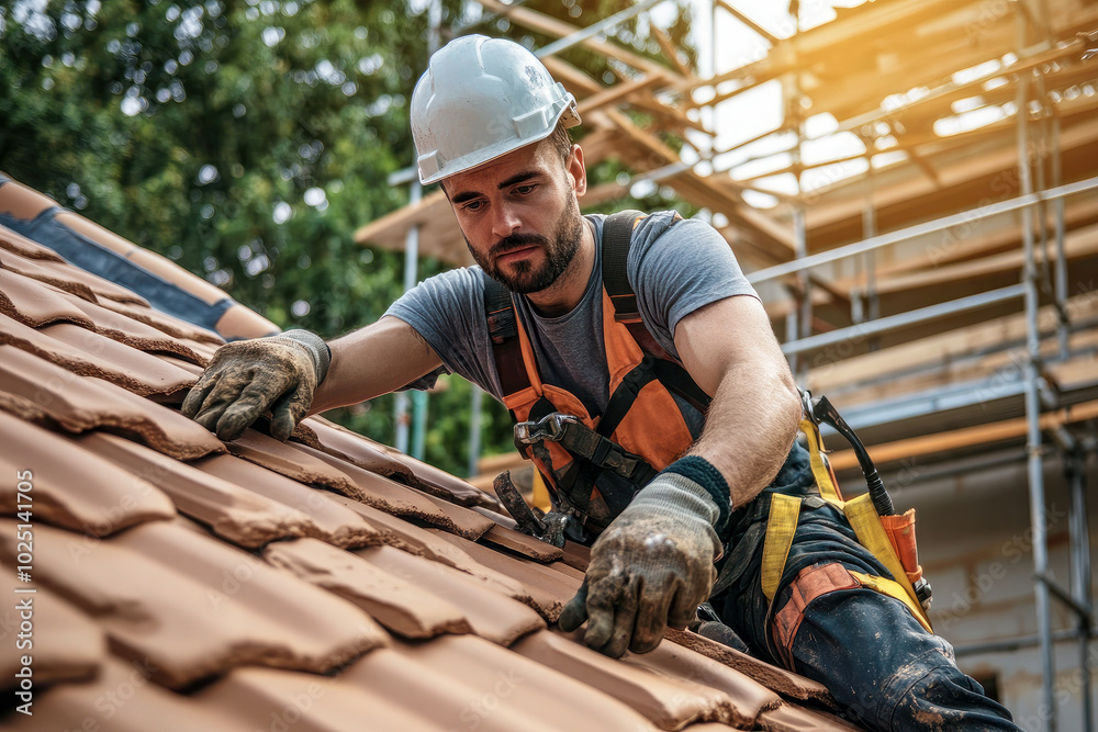 custom made wallpaper toronto digitalConstruction worker installing roof tiles on a building