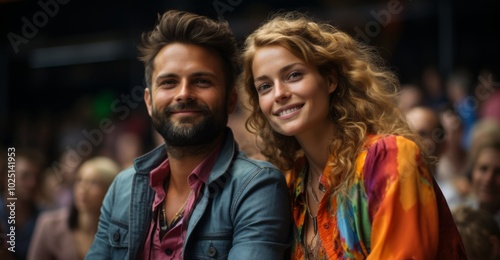 A man and woman are smiling at the camera in a crowd