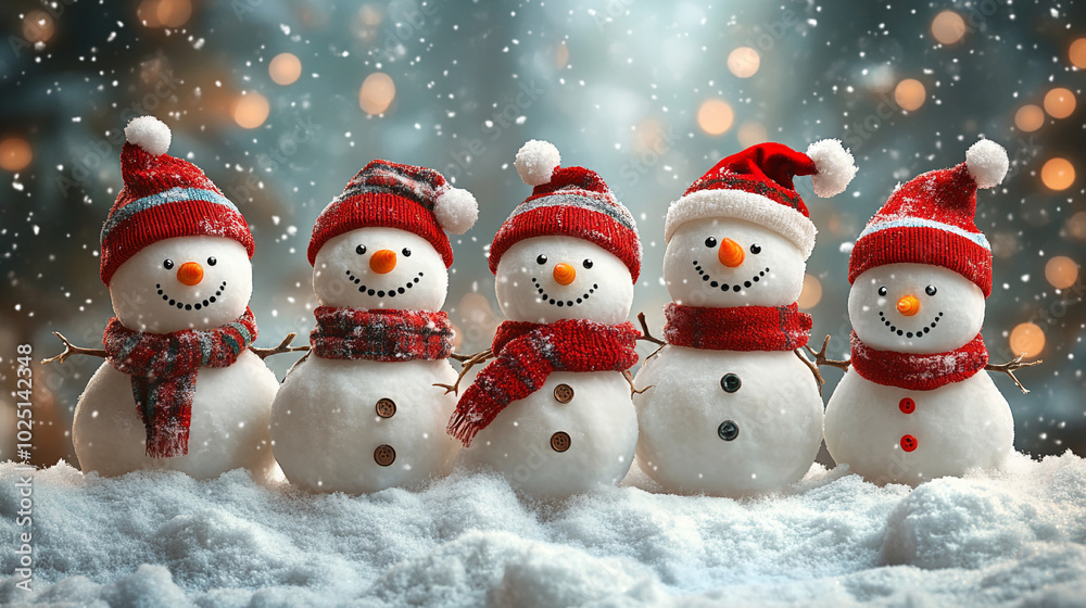 Whimsical snowmen with warm accessories in a magical snowy scene Whimsical snowmen with warm accessories in a magical snowy scene