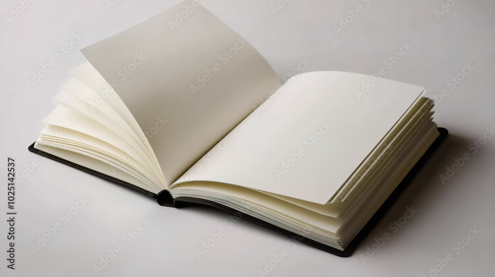 A mockup of an unbound notebook lying open, showcasing its blank white pages. A mockup of an unbound notebook lying open, showcasing its blank white pages.