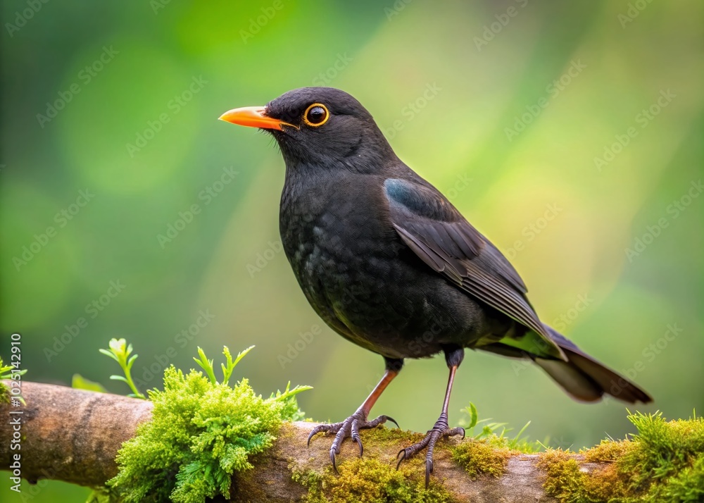 Elegant Blackbird Perched on a Branch Against a Soft Green Background in Natural Habitat Setting Elegant Blackbird Perched on a Branch Against a Soft Green Background in Natural Habitat Setting