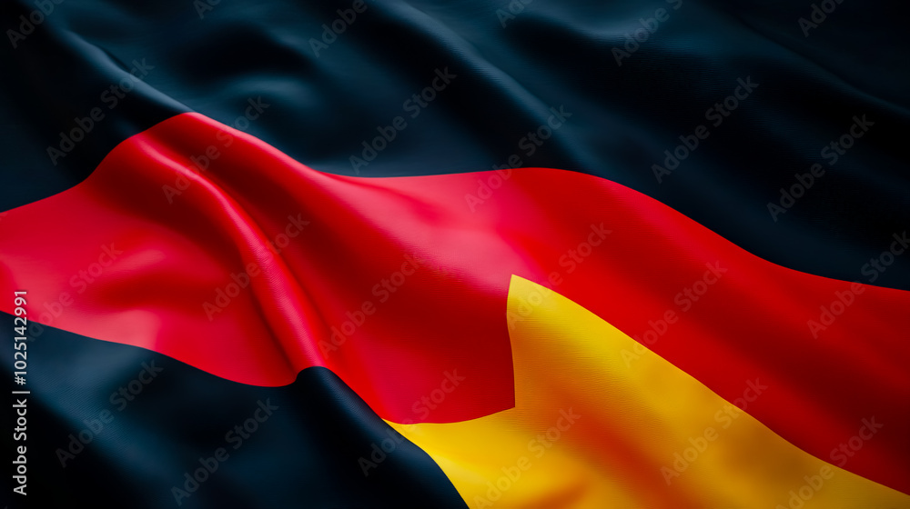 Fototapeta premium A waving colorful national flag of Germany set against a gray background, with empty space surrounding the flag.