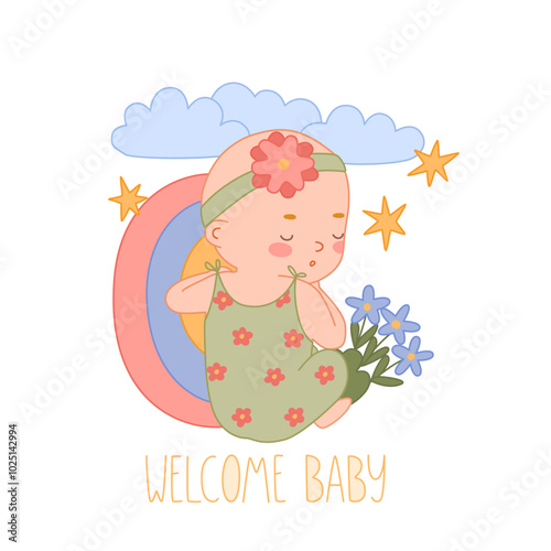 Newborn in cute clothes next to rainbow cloud. Vector illustration with girl child and text Welcome baby.