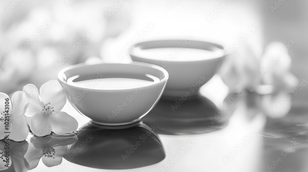 Two teacups rest on a reflective surface paired with soft flowers exuding calm Two teacups rest on a reflective surface paired with soft flowers exuding calm
