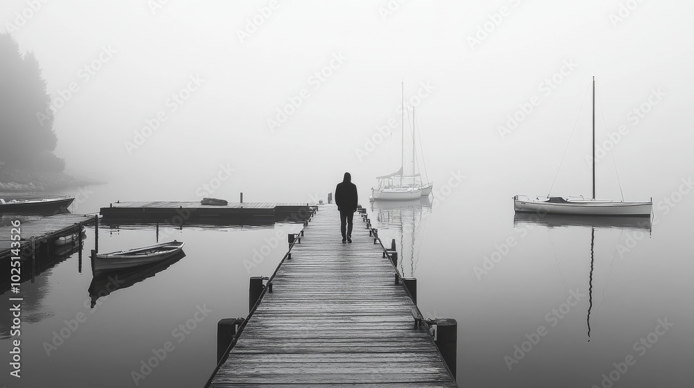 Obraz premium A person strolls down a serene pier embraced by a blanket of fog and silent boats