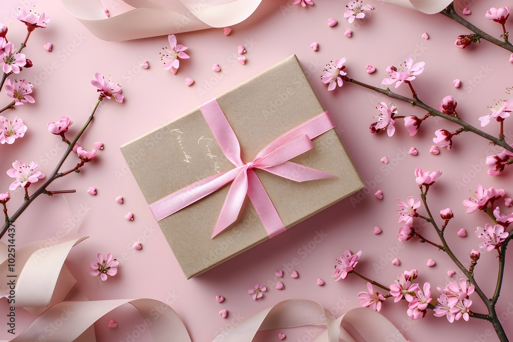 Elegant Gift Box Surrounded by Delicate Pink Blossoms and Ribbons
