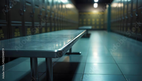 Defocused locker room background with steel table in focused, Backdrop for display sports products