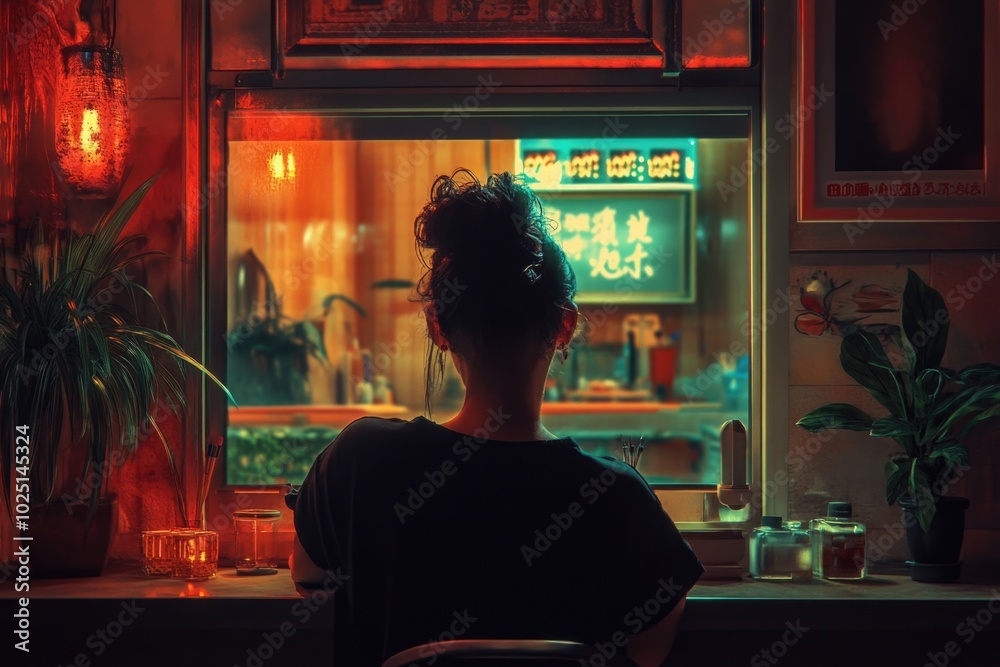 A woman sits at a table with a view outside, great for office or home use A woman sits at a table with a view outside, great for office or home use