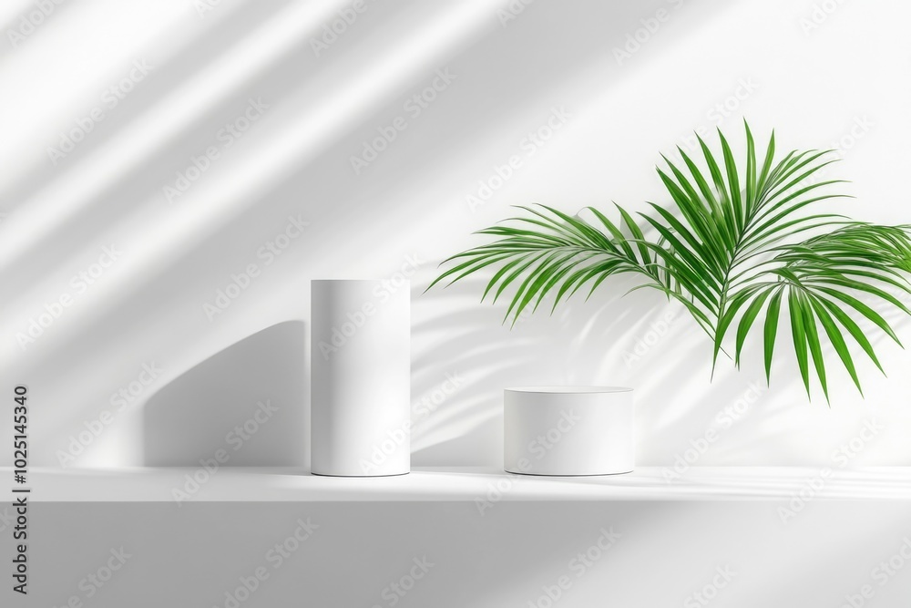 Two white vases holding a green plant on a white shelf Two white vases holding a green plant on a white shelf