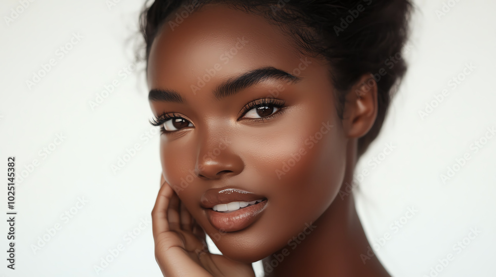 A closeup of a radiant woman with flawless, dewy skin, gently touching her face with one hand, smiling against a white background