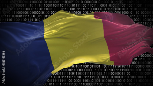 Binary code on flag of Chad. Program source code or Hacker concept on Chadian flag. Chad digital technology security, hacking or programming photo