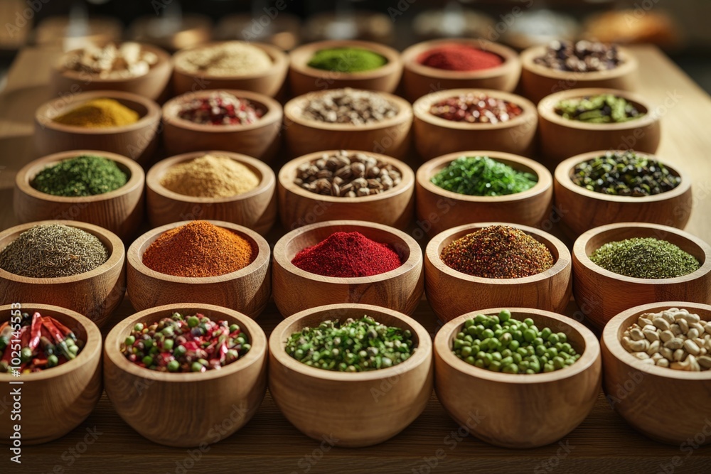 A rustic wooden table featuring various wooden bowls filled with diverse spices, perfect for culinary or cultural settings A rustic wooden table featuring various wooden bowls filled with diverse spices, perfect for culinary or cultural settings