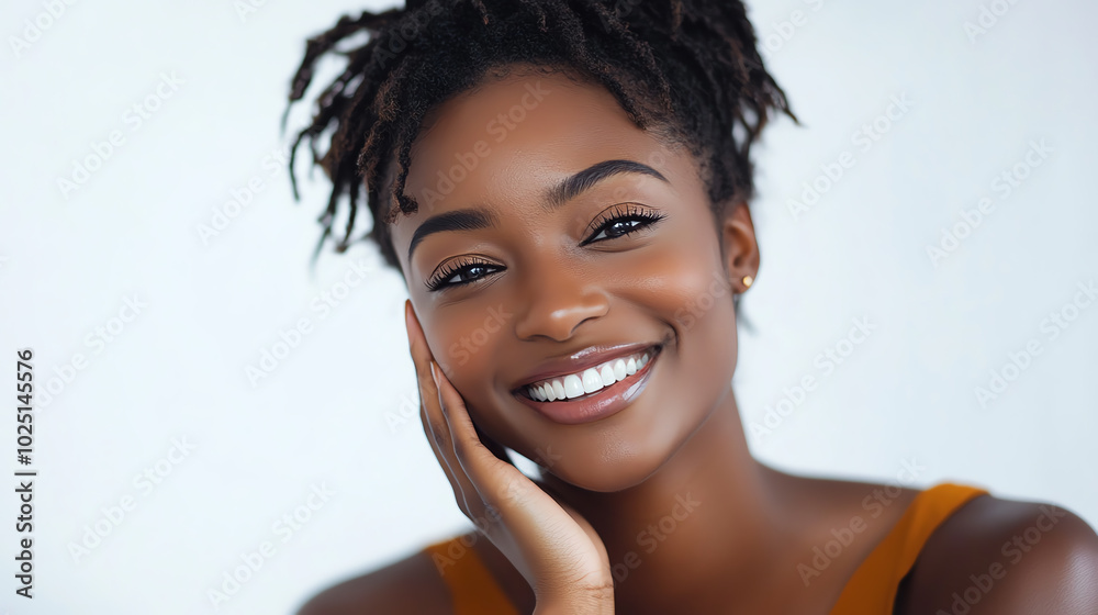 A fresh, vibrant portrait of a smiling woman with flawless skin, gently resting her hand on her cheek in a clean, white background A fresh, vibrant portrait of a smiling woman with flawless skin, gently resting her hand on her cheek in a clean, white background