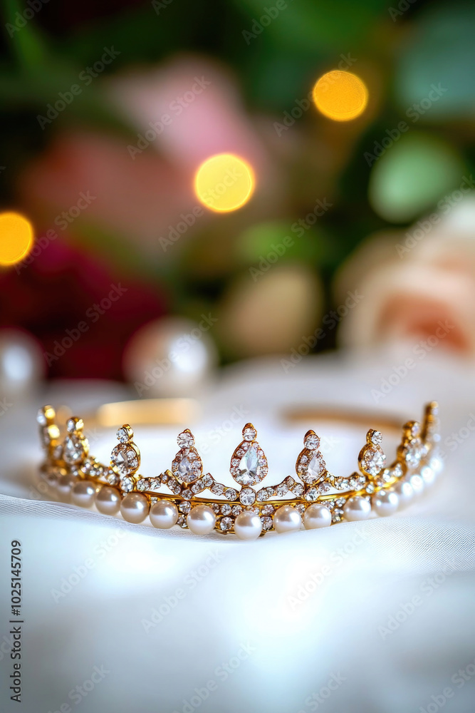 A delicate golden tiara adorned with pearls and gemstones, set against a backdrop of blurred floral elements and soft lighting. A delicate golden tiara adorned with pearls and gemstones, set against a backdrop of blurred floral elements and soft lighting.