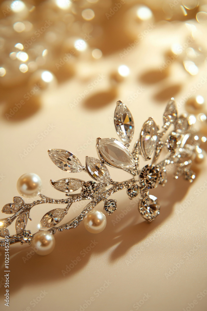 Fototapeta premium A sparkling tiara adorned with pearls and crystal leaves, resting elegantly against a soft, neutral background.