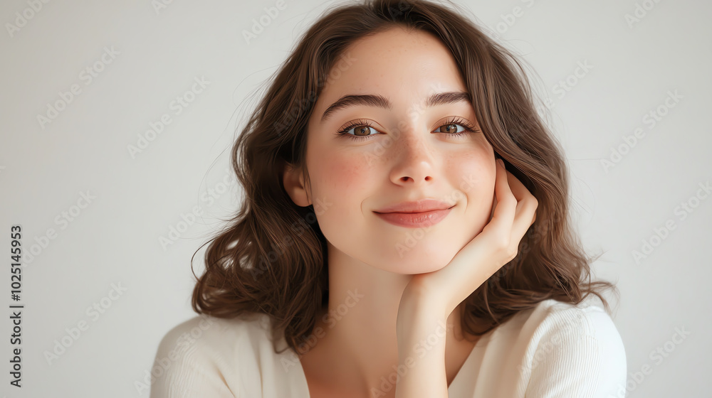 A portrait of a confident woman with flawless, radiant skin, softly smiling while resting her hand on her cheek in a white background A portrait of a confident woman with flawless, radiant skin, softly smiling while resting her hand on her cheek in a white background