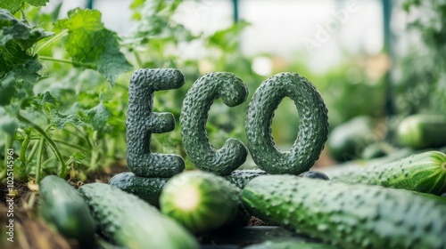 Green Living: The word "ECO" formed from fresh cucumbers, nestled amongst lush greenery, speaks volumes about sustainable living and conscious consumption.