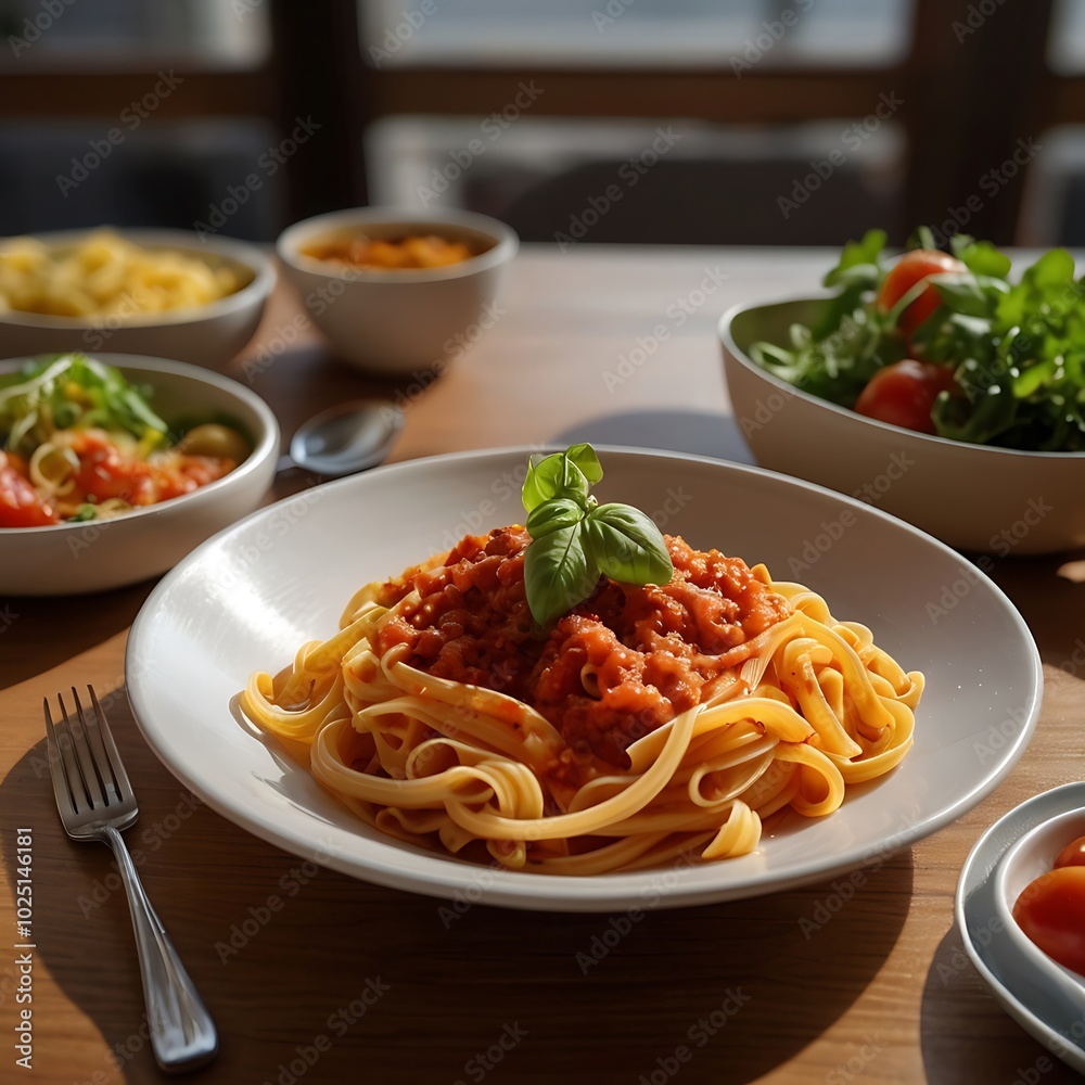 Delicious juicy pasta with Tomato Sauce with some salad served and plate pasta dish Delicious juicy pasta with Tomato Sauce with some salad served and plate pasta dish