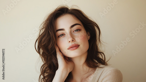 A relaxed and elegant woman with soft, wavy hair and luminous skin, gently resting her hand on her neck against a clean, neutral background photo