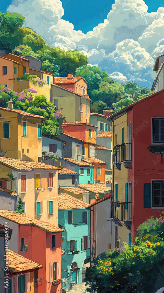 Fototapeta premium A vibrant scene of colorful houses nestled on a hillside under a bright blue sky with fluffy clouds, showcasing charming architecture and lush greenery.