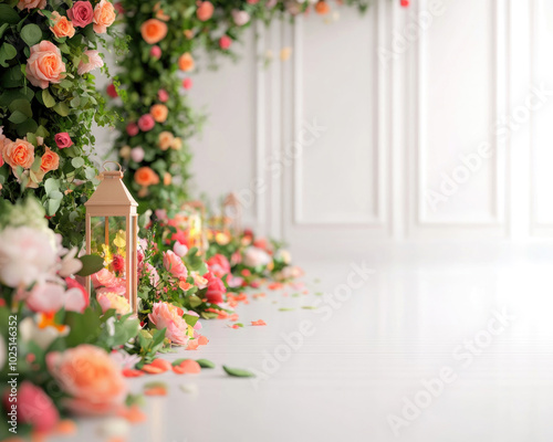 A beautiful floral arrangement with roses and greenery, creating an elegant atmosphere in a bright, airy space.