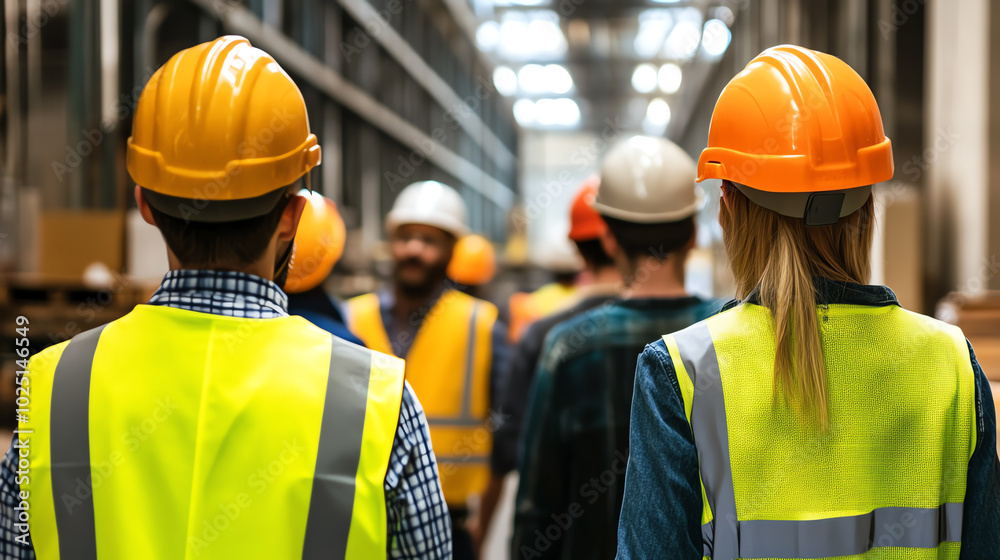 Group of factory workers wearing safety vests and helmets inside a large warehouse Group of factory workers wearing safety vests and helmets inside a large warehouse