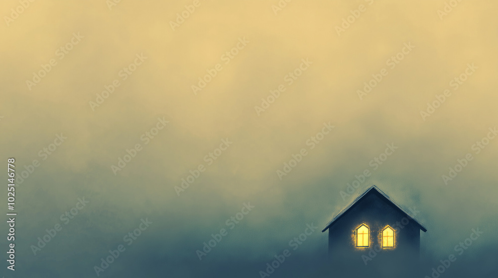 House with glowing windows in foggy atmosphere. House with glowing windows in foggy atmosphere.