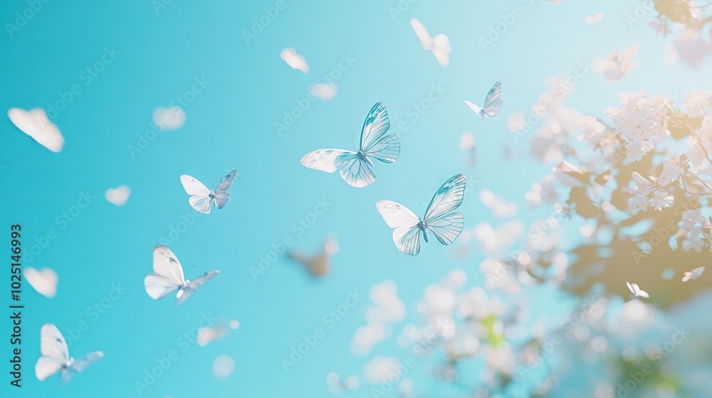 A white butterfly swarm flies amidst white blooms against a blue backdrop A white butterfly swarm flies amidst white blooms against a blue backdrop