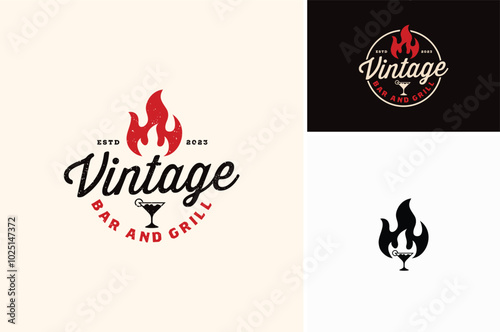 Fire Flame with Cocktail Glass for Hot Food Dish like Steak Grill BBQ Barbecue and Beverage Vintage Classic Cozy Restaurant and Bar logo design