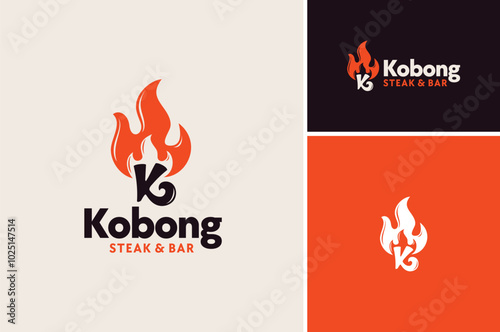Initial Letter K Kitchen with Fire Flame for Hot Grill Food Dish like Steak BBQ Barbecue Kitchen Restaurant logo design