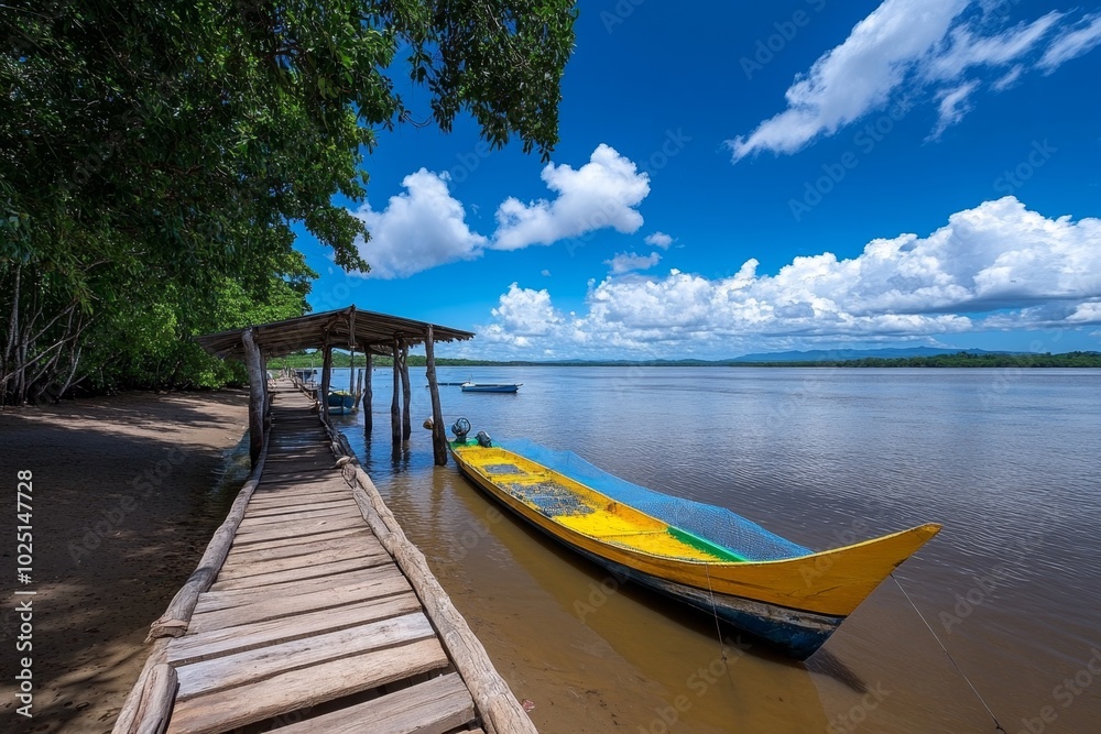 Obraz premium Fisheries in rural coastal areas, where boats, nets, and fish farms utilize the land and water for sustainable fish farming
