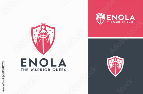 A Princess or a Queen wears a Crown. She stand with sword on her arms in front of a shield. Women empowerment and emancipation for her rights logo design.