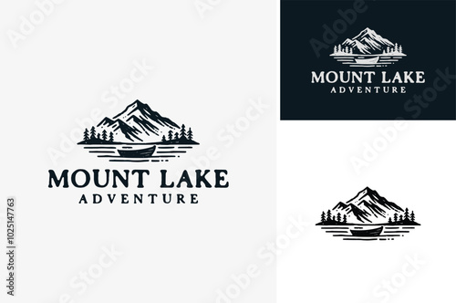 A Mountain scene with Pine Trees Forest and Lake with a boat. Rough Rustic Vintage Drawing for Adventure Outdoor logo design