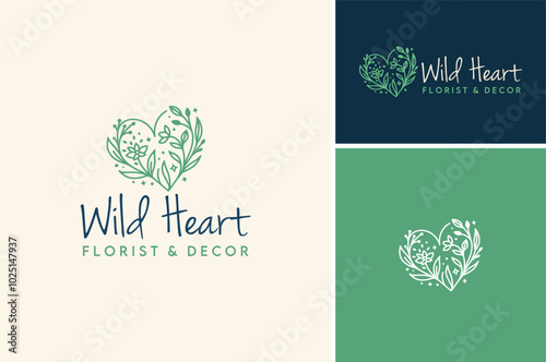 Blooming flowers and vine plants entwine to form a heart shape, symbolizing love, growth, and natural beauty logo design.