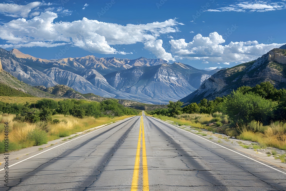 Naklejka premium Scenic Mountain Road Under a Bright Blue Sky