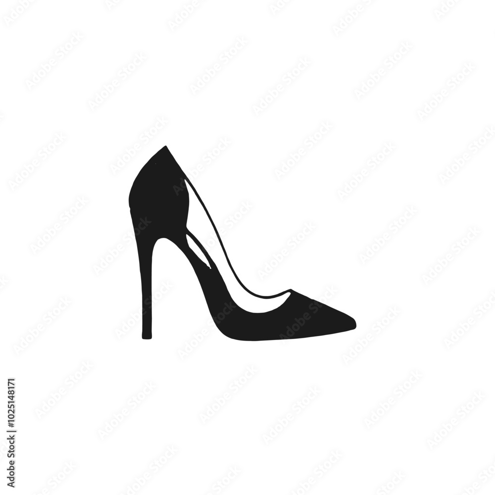A black high-heel shoe with a pointed toe A black high-heel shoe with a pointed toe