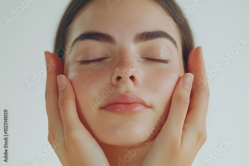 A woman with her eyes closed holds her hands to her face, conveying emotional distress photo