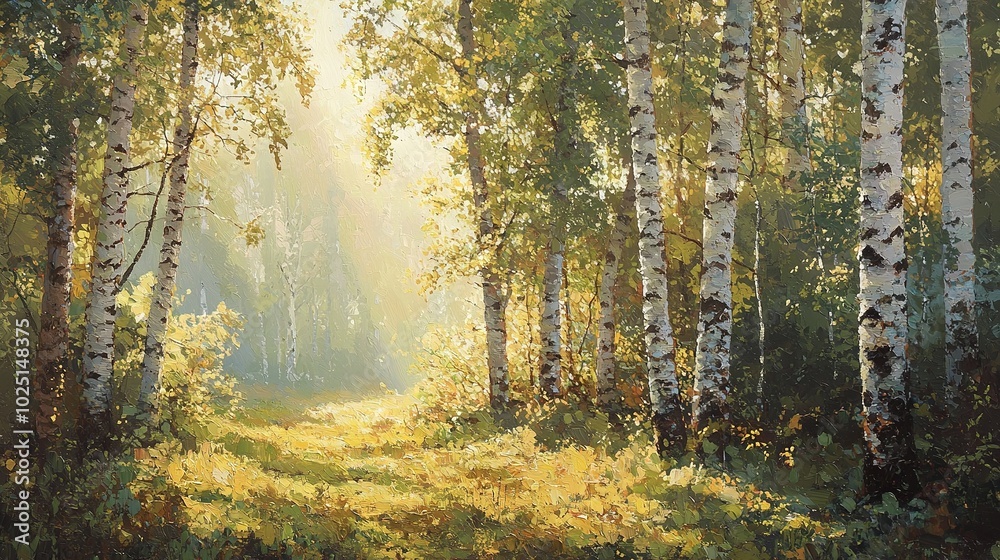 Fototapeta premium A vibrant sunlit forest painting captures the essence of nature with a clear pathway leading into the heart of the lush greenery, while golden rays filter through the leaves in