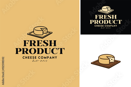 Slice of Wheel Cheese on Wooden Cutting Board for Traditional Cheesemonger Shop Store Vintage Classic label logo design
