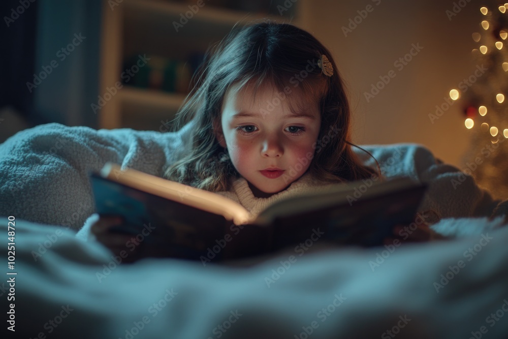 A little girl reading a book on her bed, often used for illustrations of childhood and education