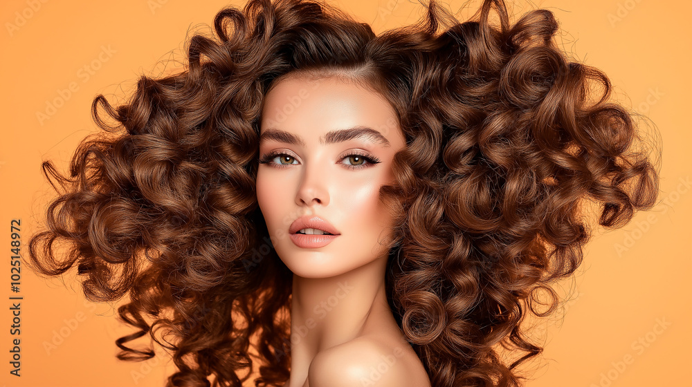 Fototapeta premium Portrait of beautiful model with gorgeous curly hair on yellow background
