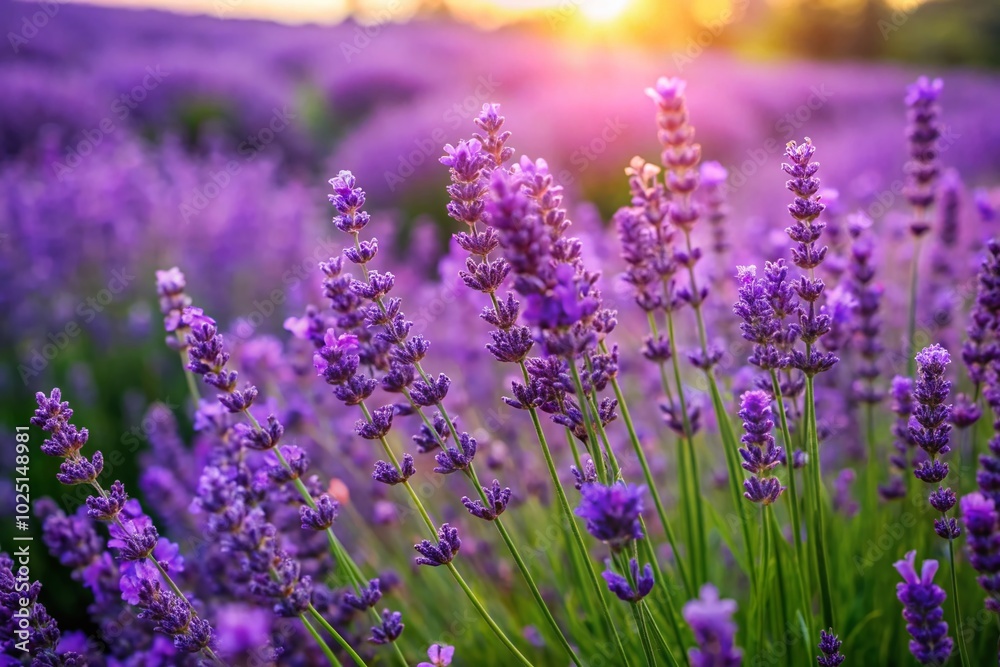 Fototapeta premium Elegant Lavender Fields with Green Leaves - Calming Nature Background for Serenity and Peaceful Moments